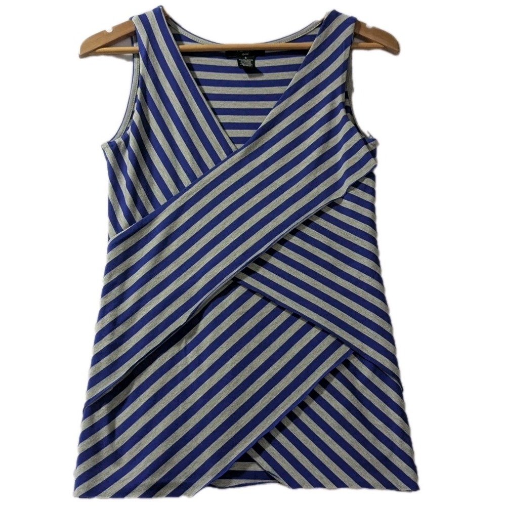 Y2K Verve Blue Gray‎ Striped Plunge Wrap Tank Top Small Preppy Club VTG